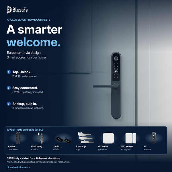 Apollo Black Home Complete bundle — handle set, 3585 body and strike, 2 RFID cards, 3 backup keys, G2 Wi-Fi gateway, DS2 sensor and R1 remote. Body and strike are for suitable wooden doors; not needed with compatible multipoint mechanisms.