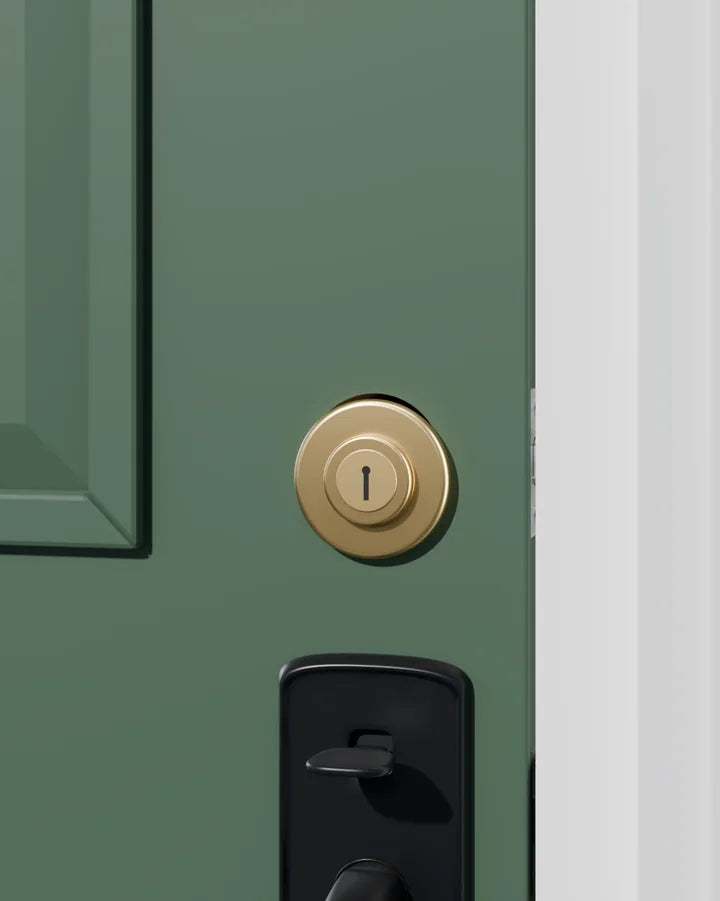 A sage front door with a brass deadbolt above a black handle