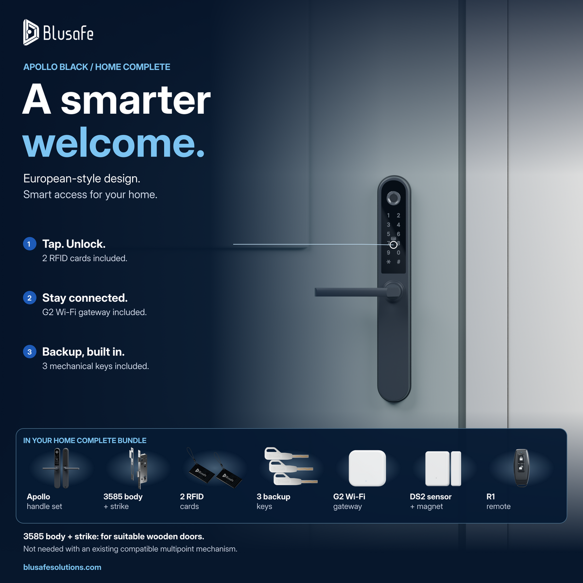 Apollo Black Home Complete bundle — handle set, 3585 body and strike, 2 RFID cards, 3 backup keys, G2 Wi-Fi gateway, DS2 sensor and R1 remote. Body and strike are for suitable wooden doors; not needed with compatible multipoint mechanisms.