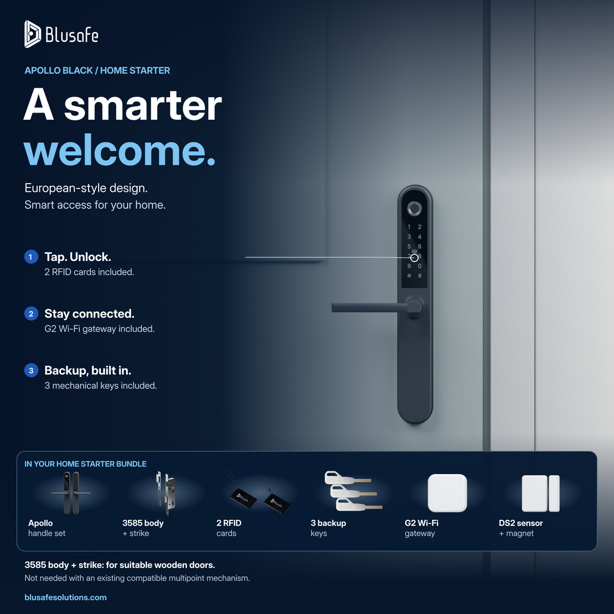 Apollo Black Home Starter bundle — handle set, 3585 body and strike, 2 RFID cards, 3 backup keys, G2 Wi-Fi gateway and DS2 sensor. Body and strike are for suitable wooden doors; not needed with compatible multipoint mechanisms.