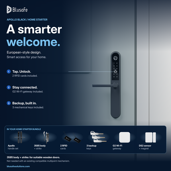 Apollo Black Home Starter bundle — handle set, 3585 body and strike, 2 RFID cards, 3 backup keys, G2 Wi-Fi gateway and DS2 sensor. Body and strike are for suitable wooden doors; not needed with compatible multipoint mechanisms.