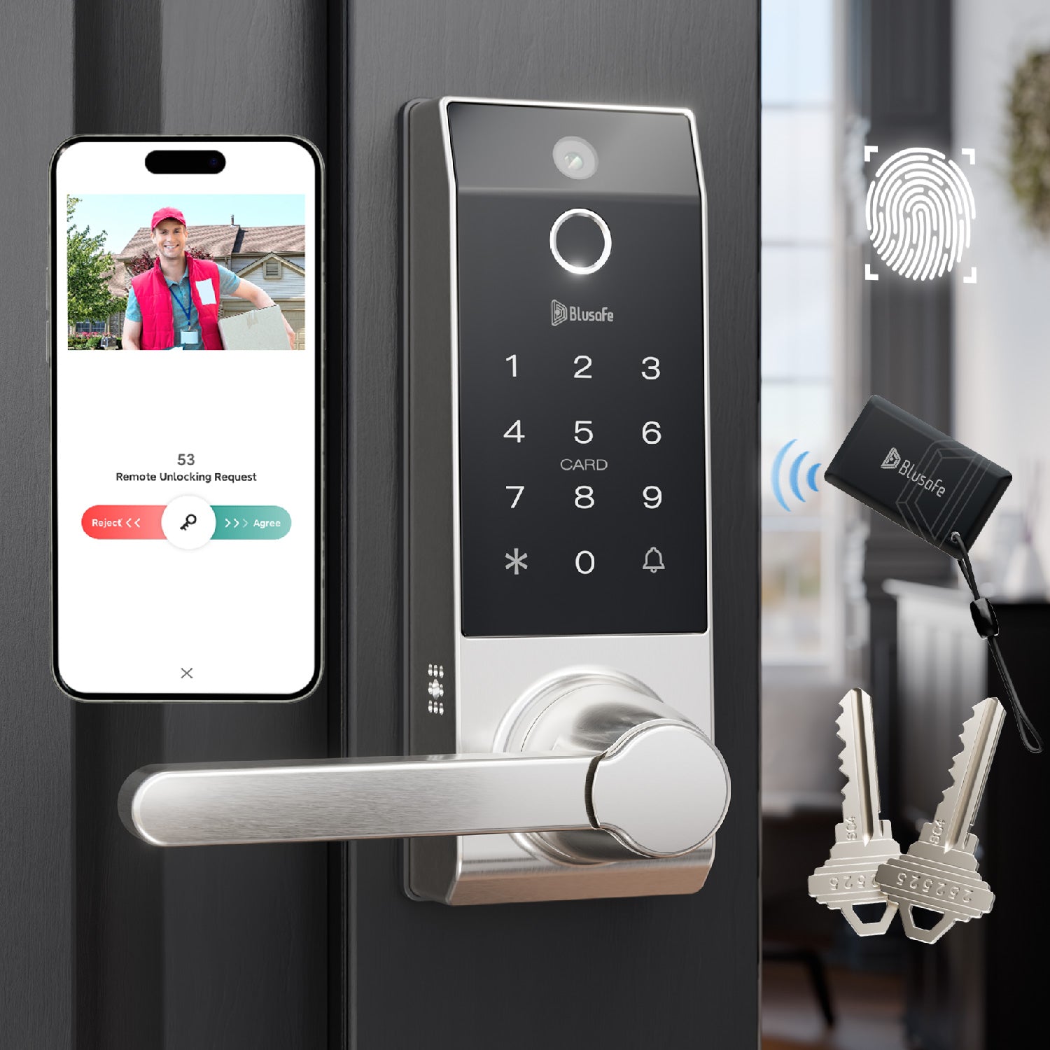 Blusafe Contour V Smart Lock with Doorbell Camera — Black, Red Bronze or Frosted Silver - Frosted Silver