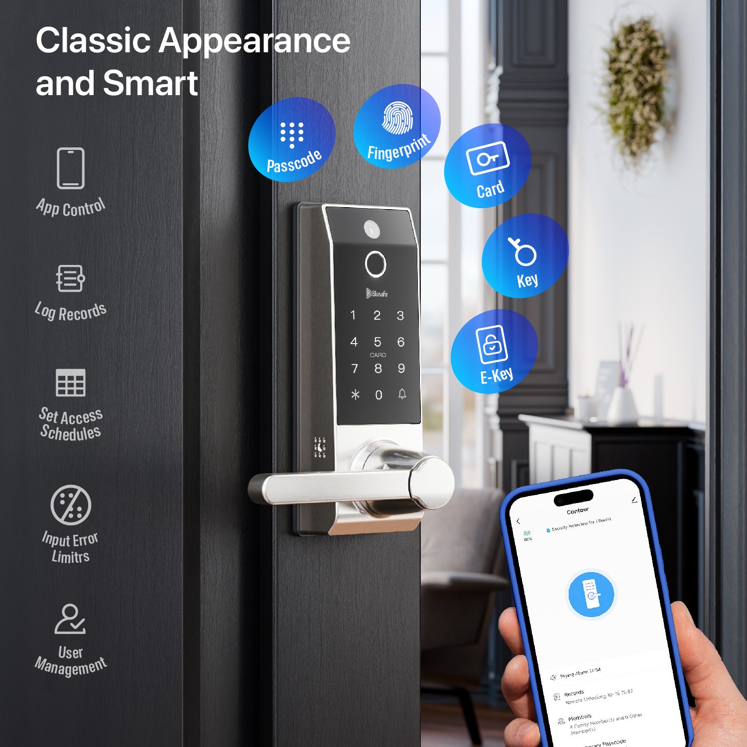 Blusafe Contour V Smart Lock with Doorbell Camera — Black, Red Bronze or Frosted Silver product image