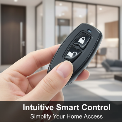 Hand holding an R1 remote near a door