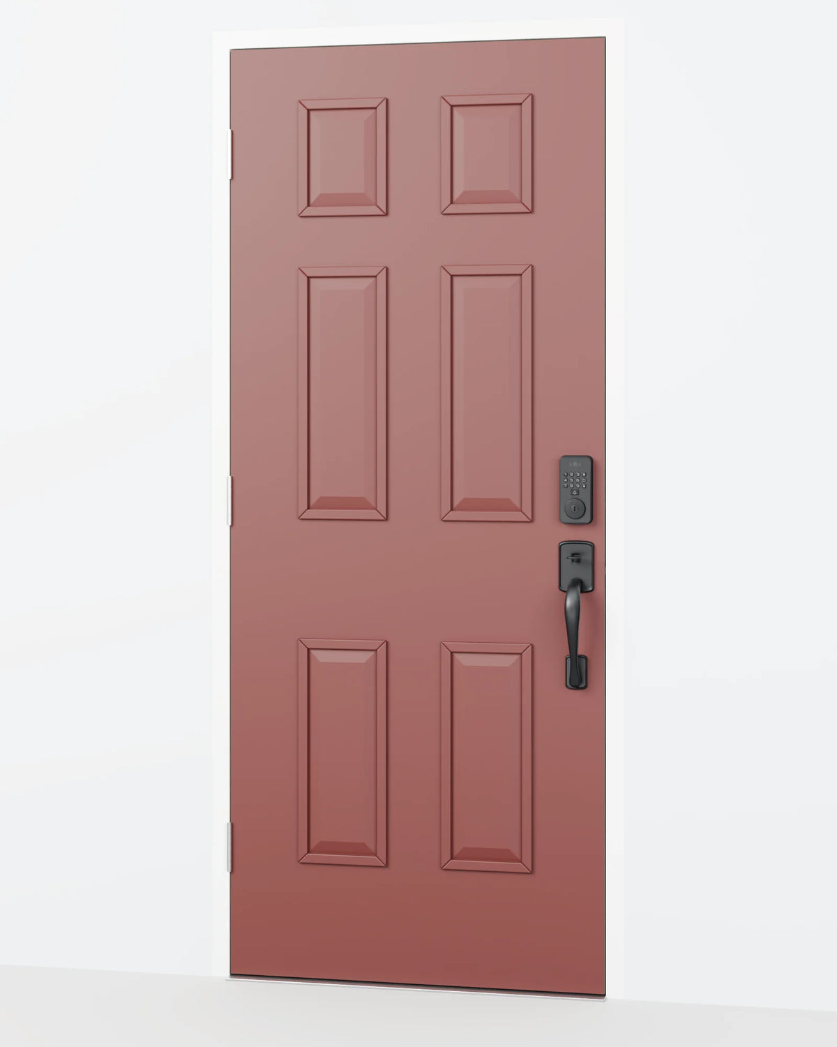 The black Venix smart deadbolt on a barn red six-panel front door
