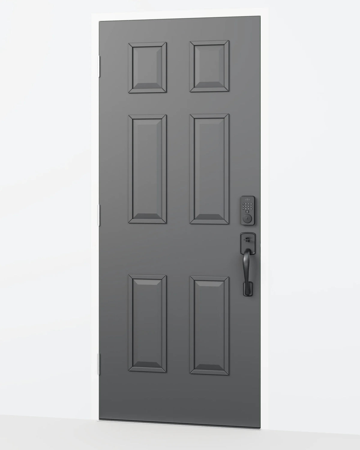 The black Venix smart deadbolt on a charcoal six-panel front door