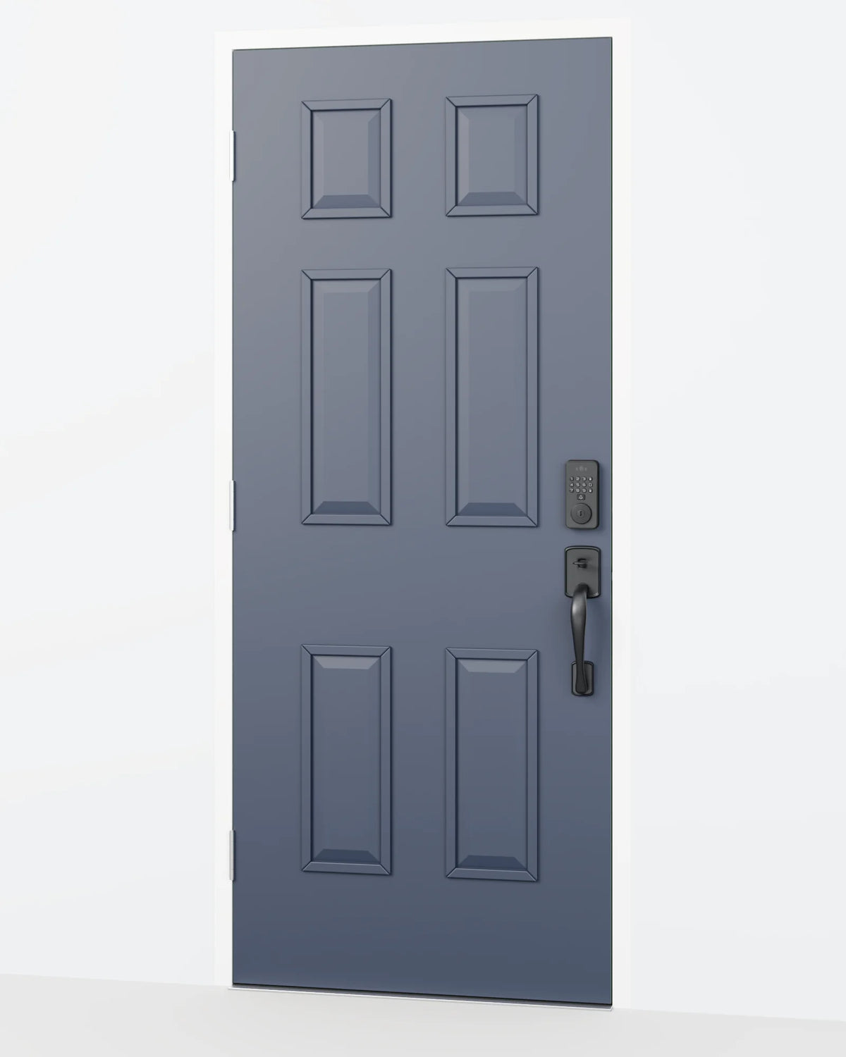 The black Venix smart deadbolt on a navy six-panel front door