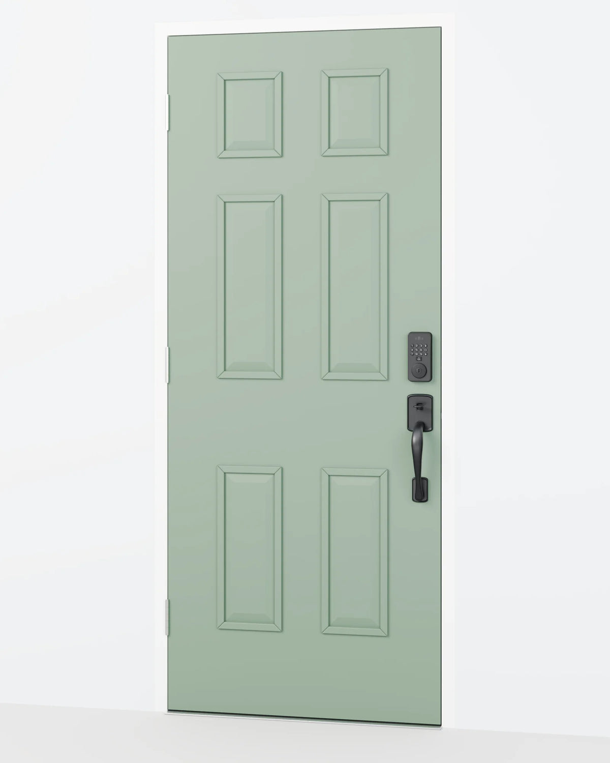 The black Venix smart deadbolt on a sage six-panel front door