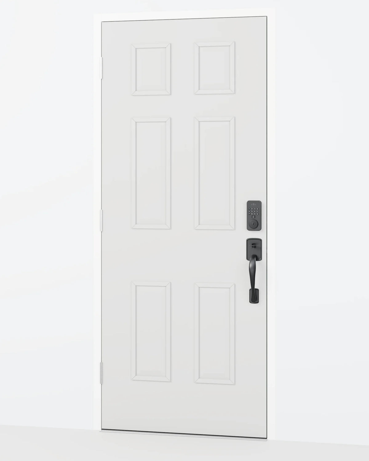 The black Venix smart deadbolt on a white six-panel front door