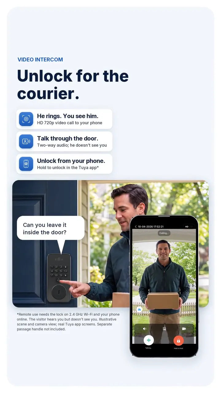 A courier at the door seen on a live call in the Tuya Smart app