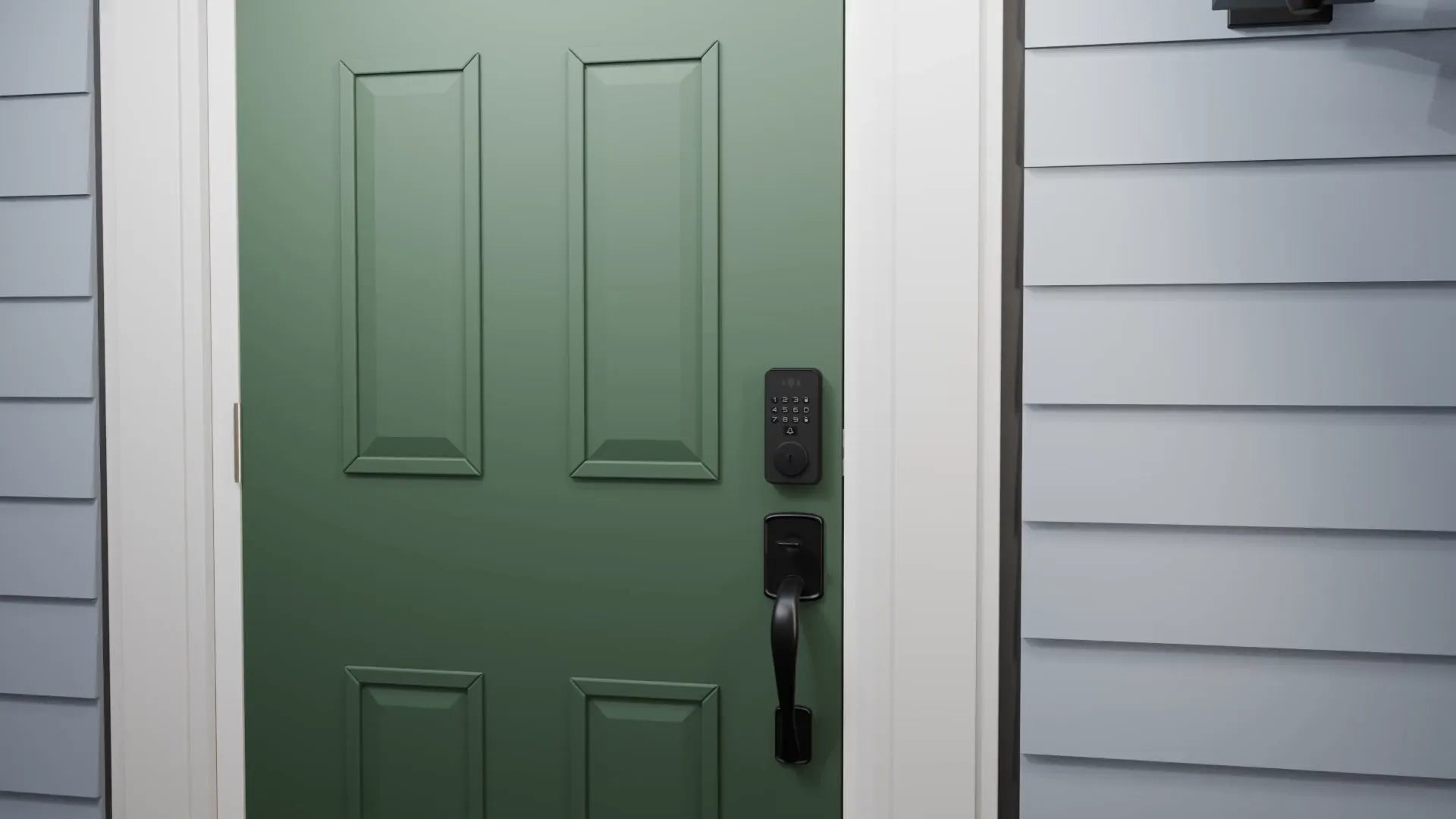 A front door with Venix seen from morning light into night