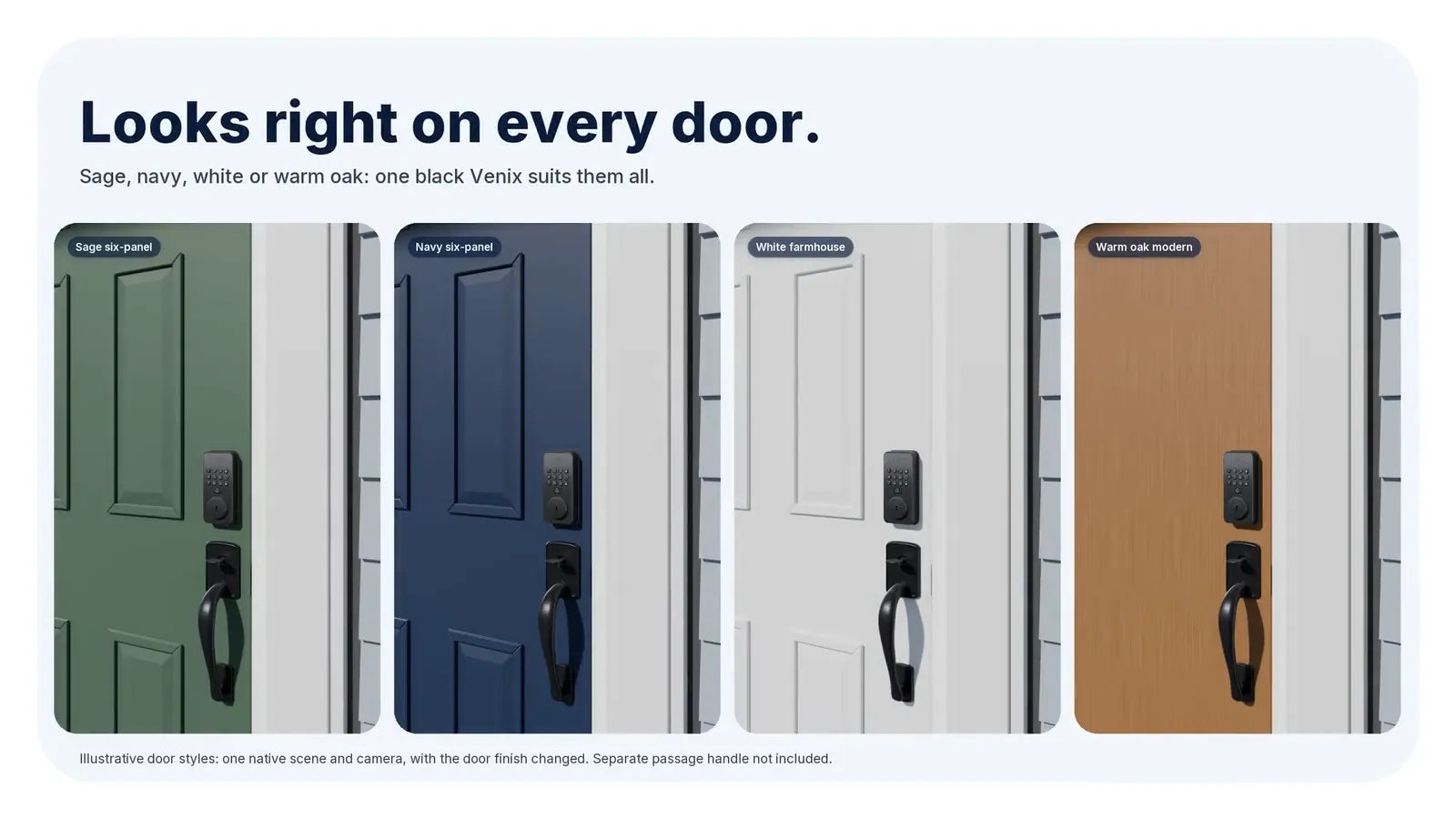 One black Venix on sage, navy, white and warm oak doors