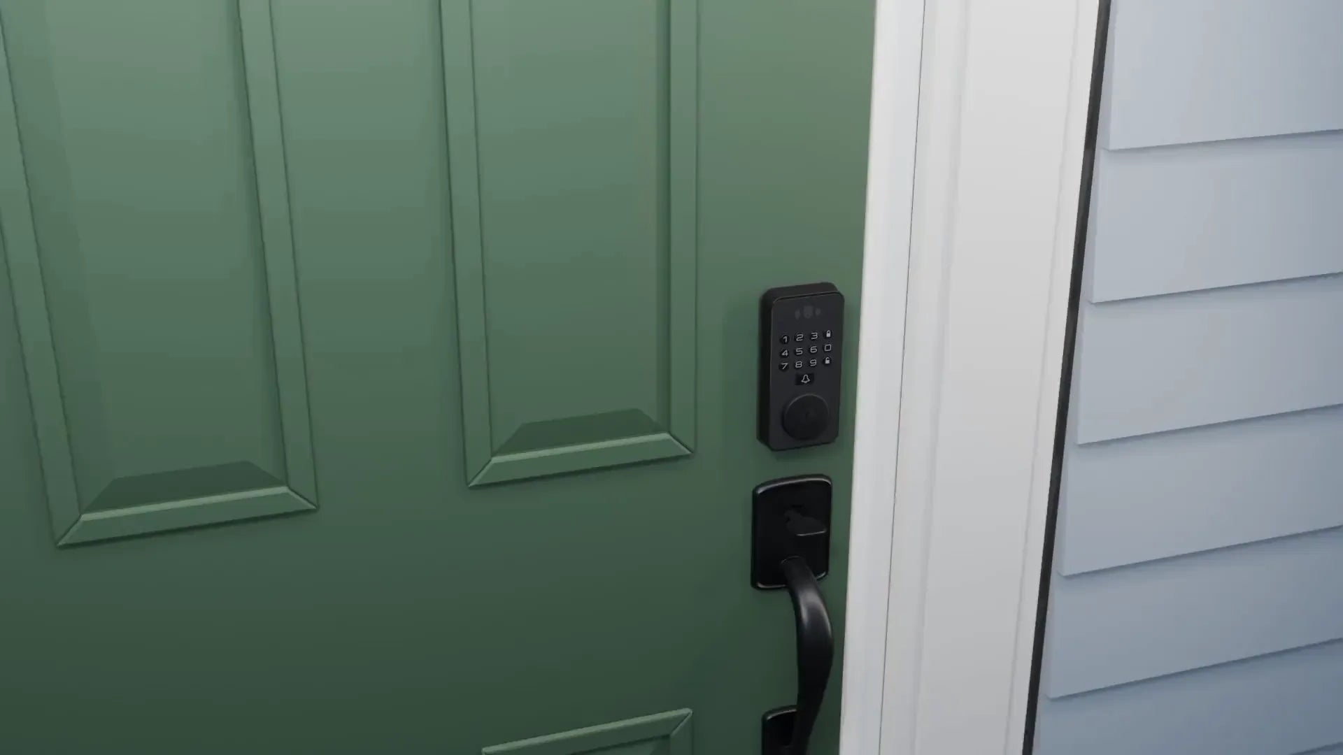The camera moves slowly toward Venix on a sage front door, at face height