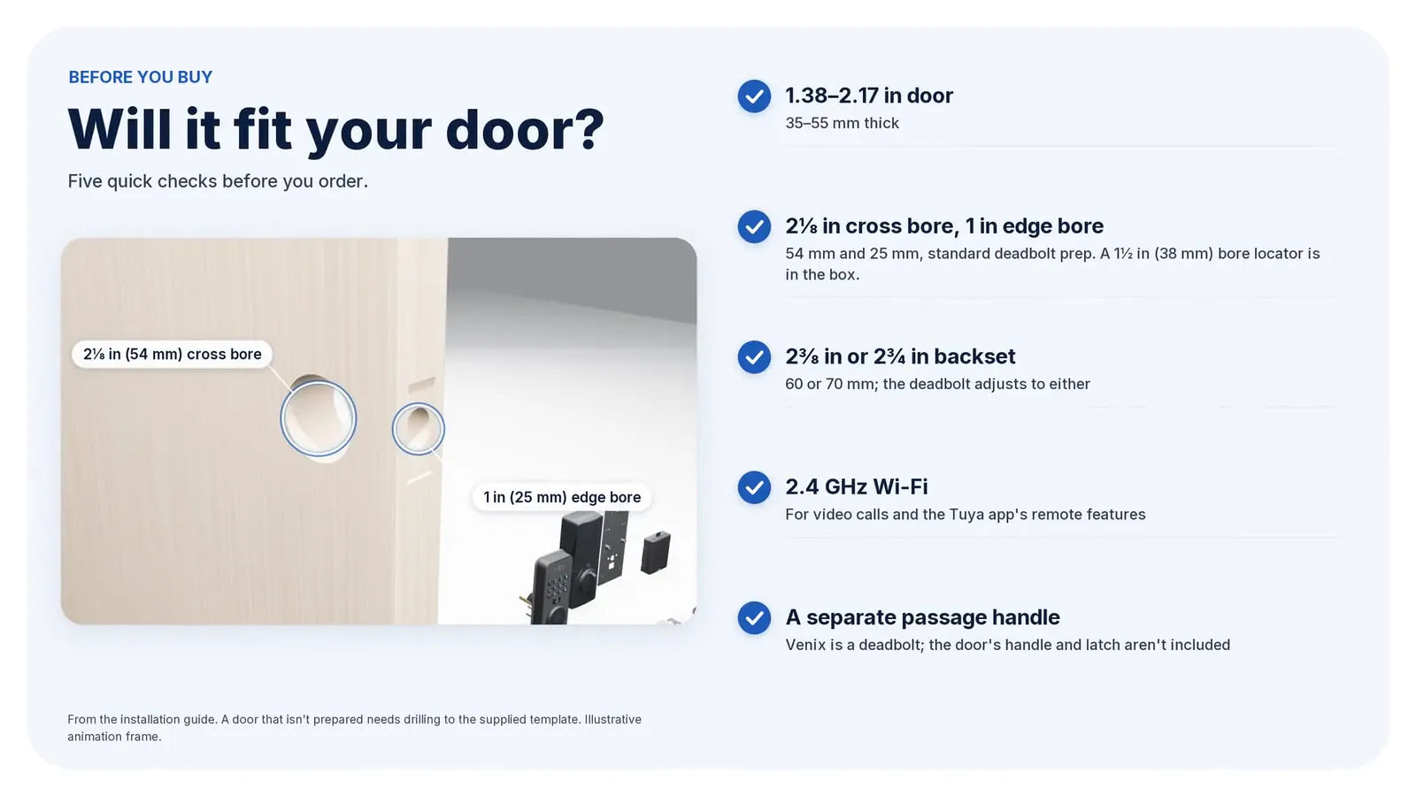Will it fit your door: thickness, bore, backset, Wi-Fi and a separate handle