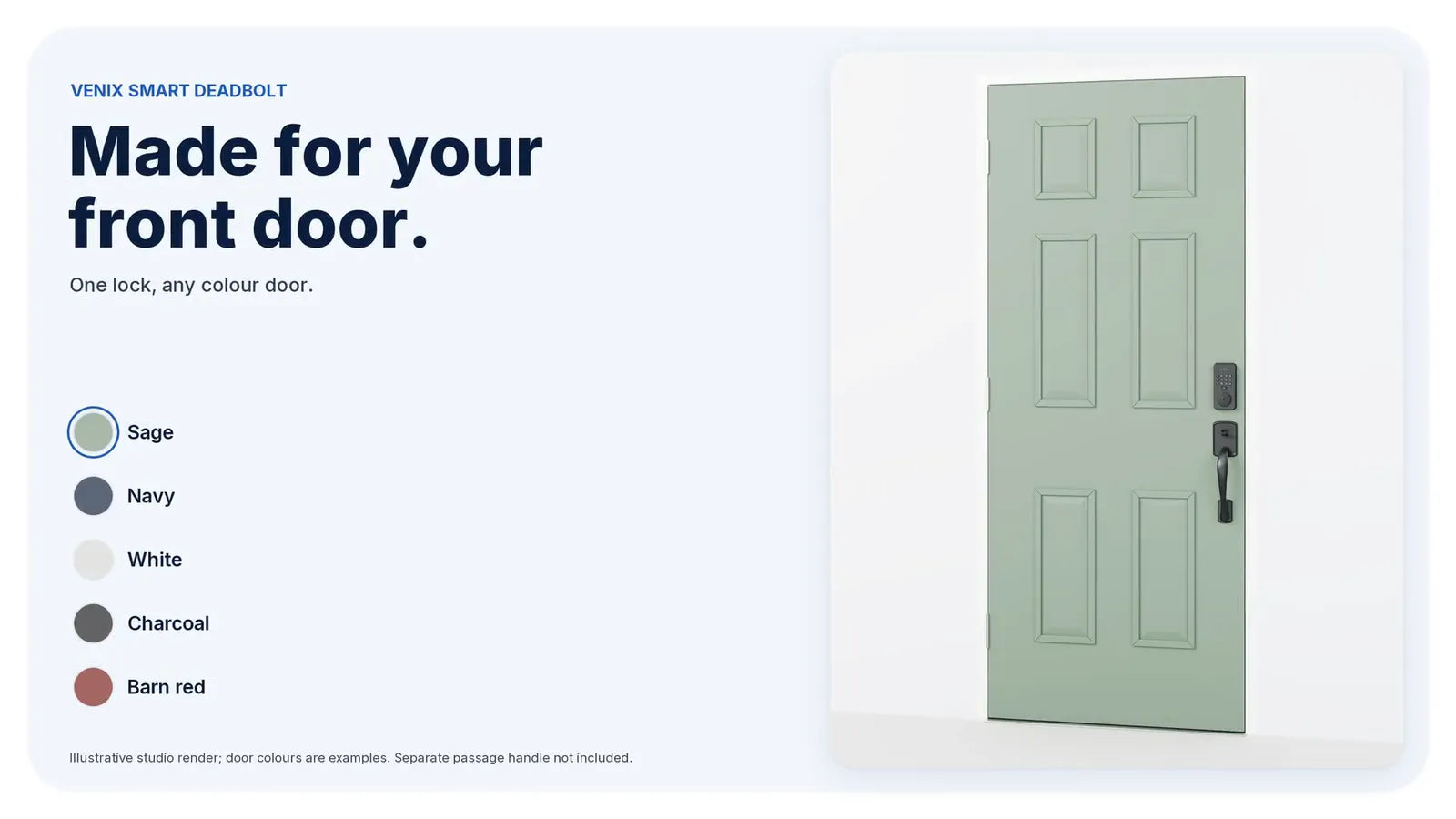 Venix on a front door shown in sage, navy, white, charcoal and barn red