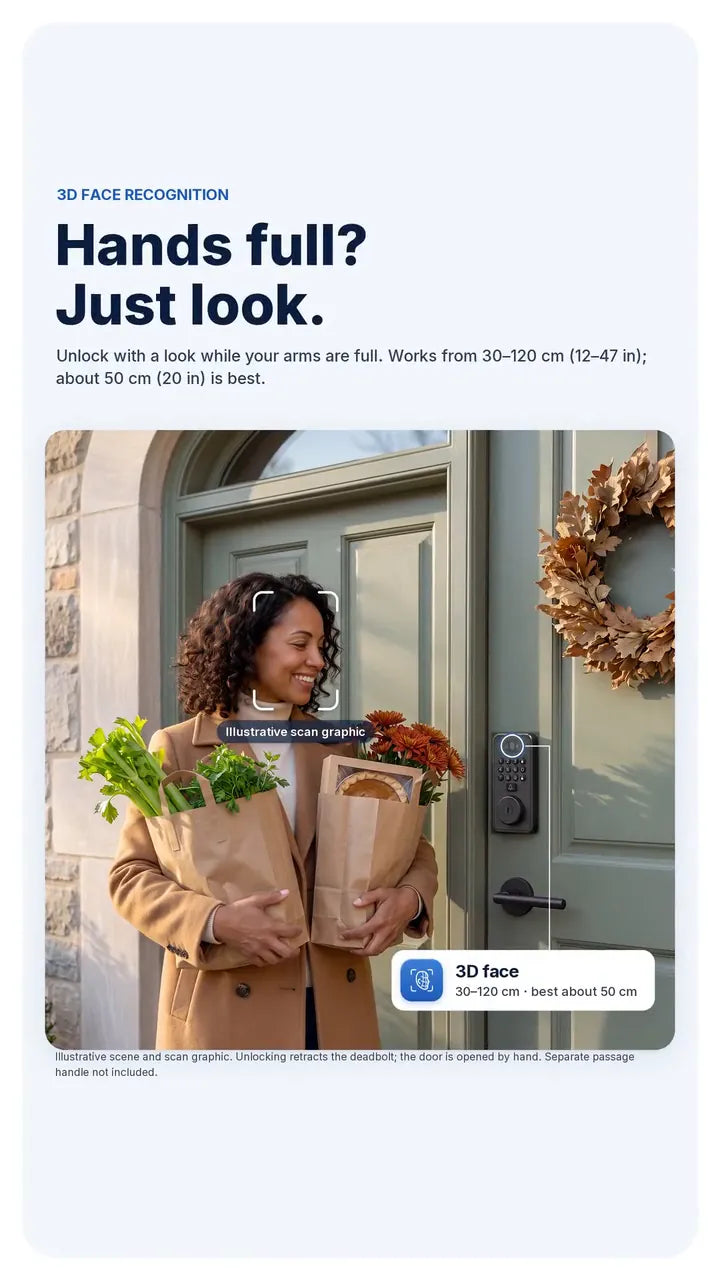 A woman carrying groceries unlocks Venix with face recognition