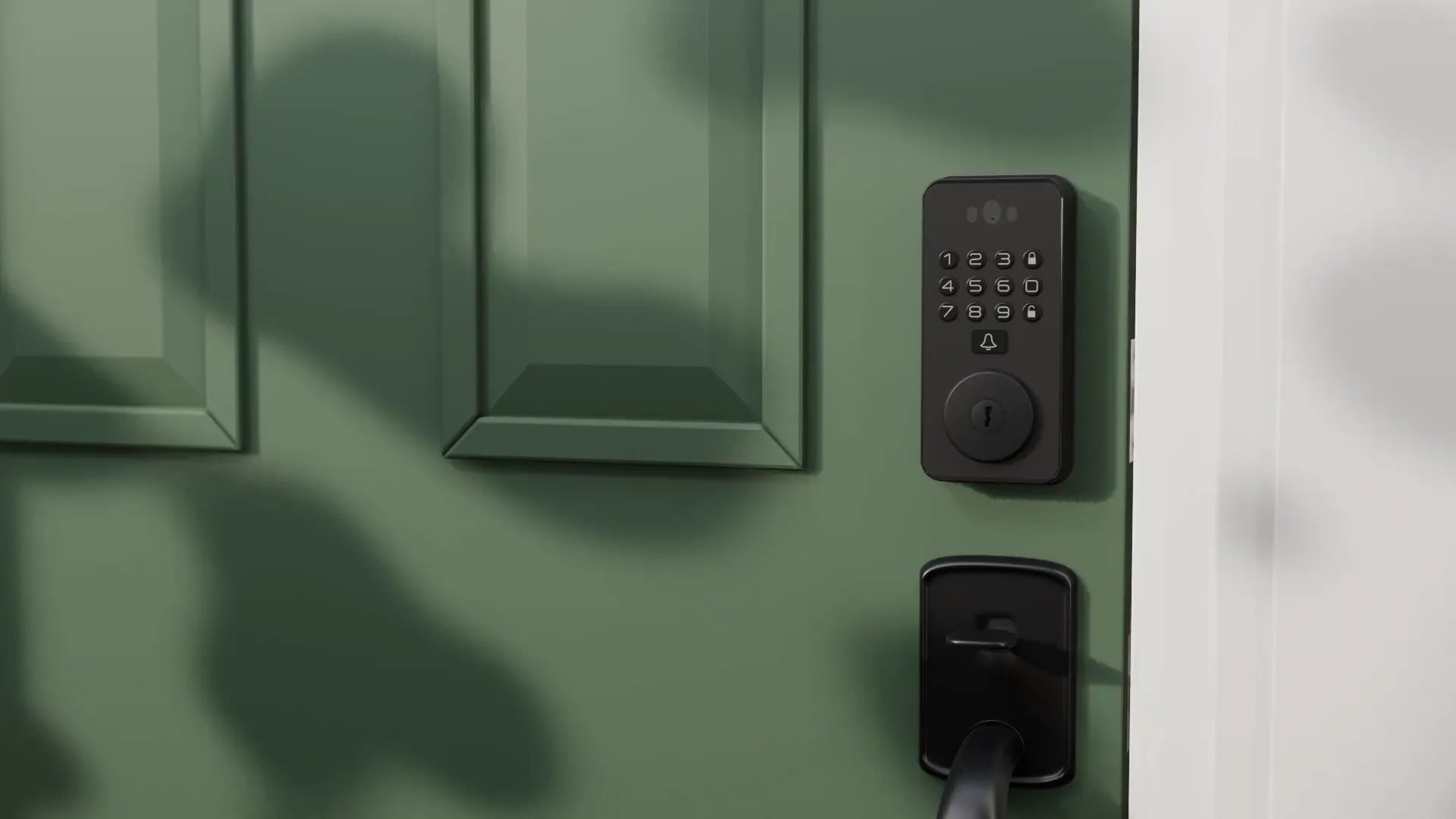 Golden-hour leaf shadows drift across a sage front door fitted with the black Venix smart deadbolt