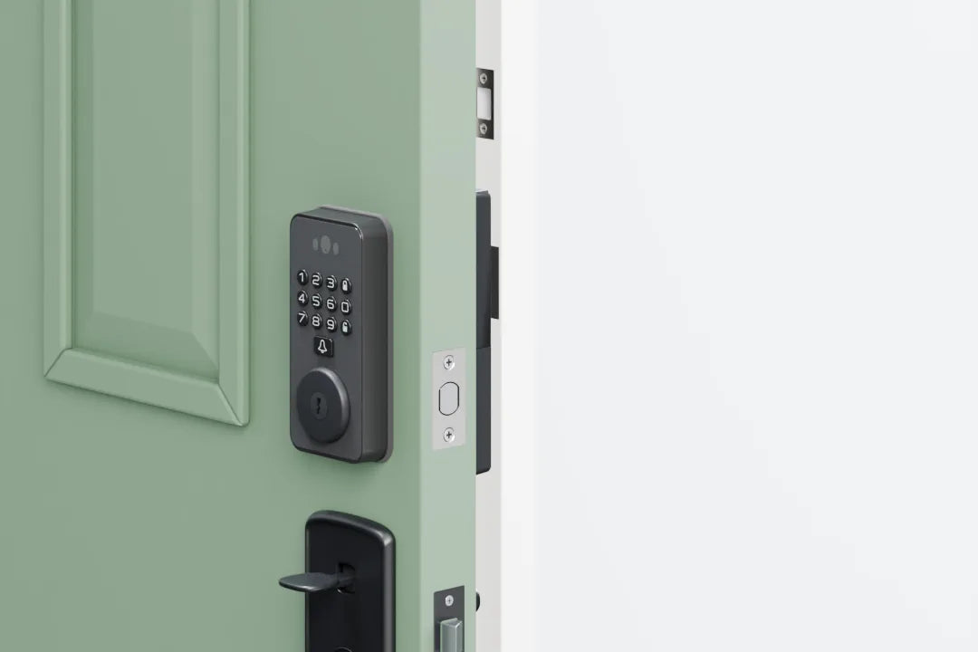Exploded view of the Venix smart deadbolt on a front door, in fitting order