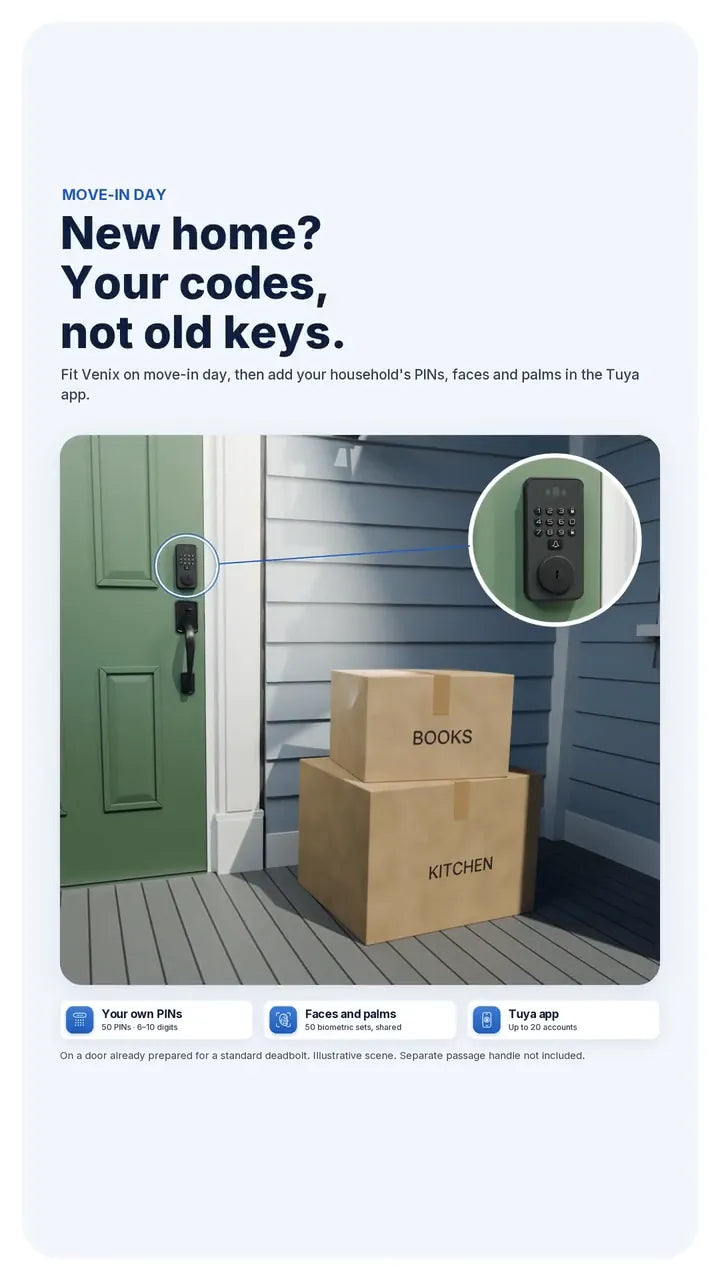 Moving boxes by a front door fitted with Venix
