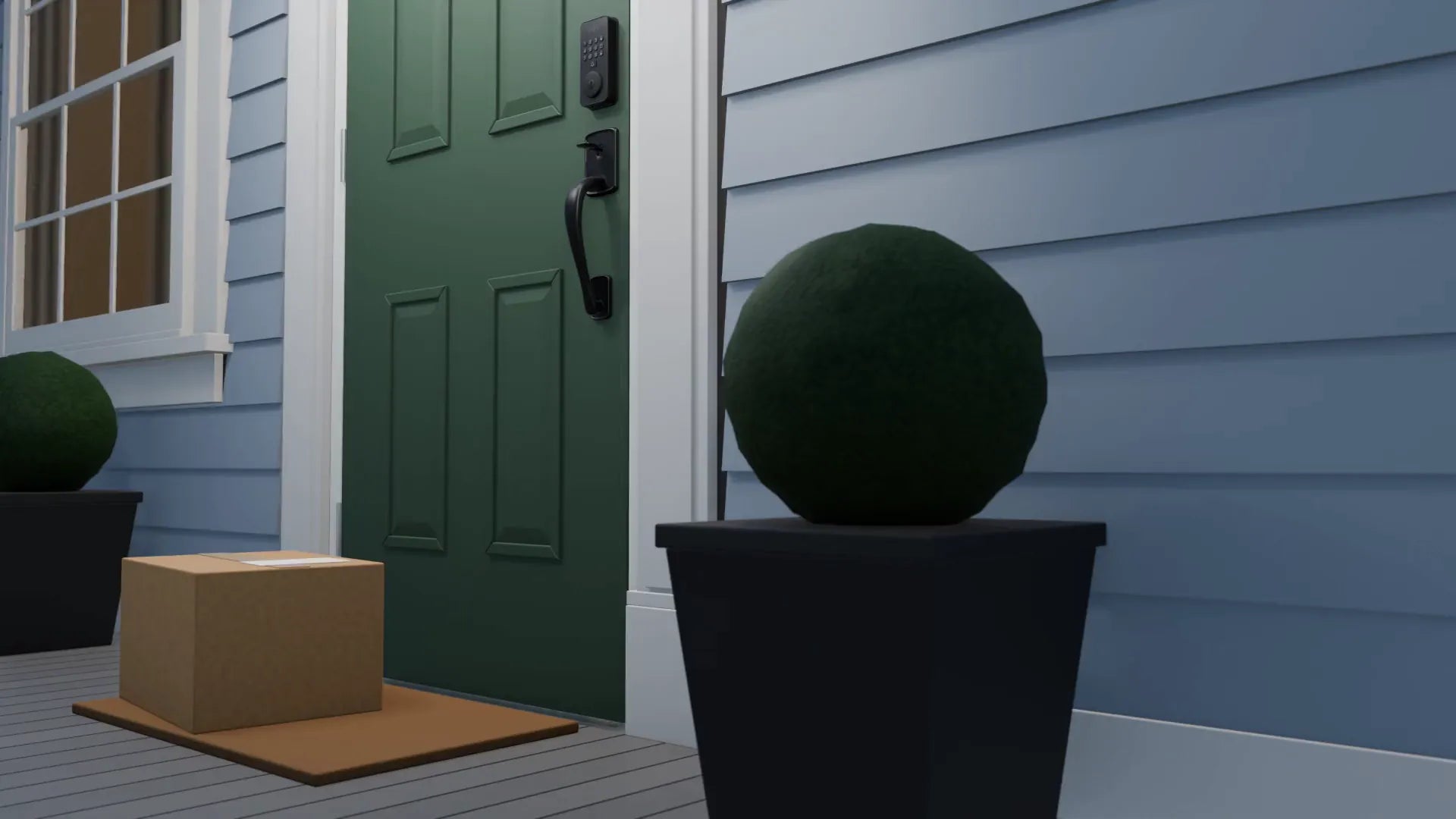 A parcel waits on the porch beside a green front door fitted with Venix