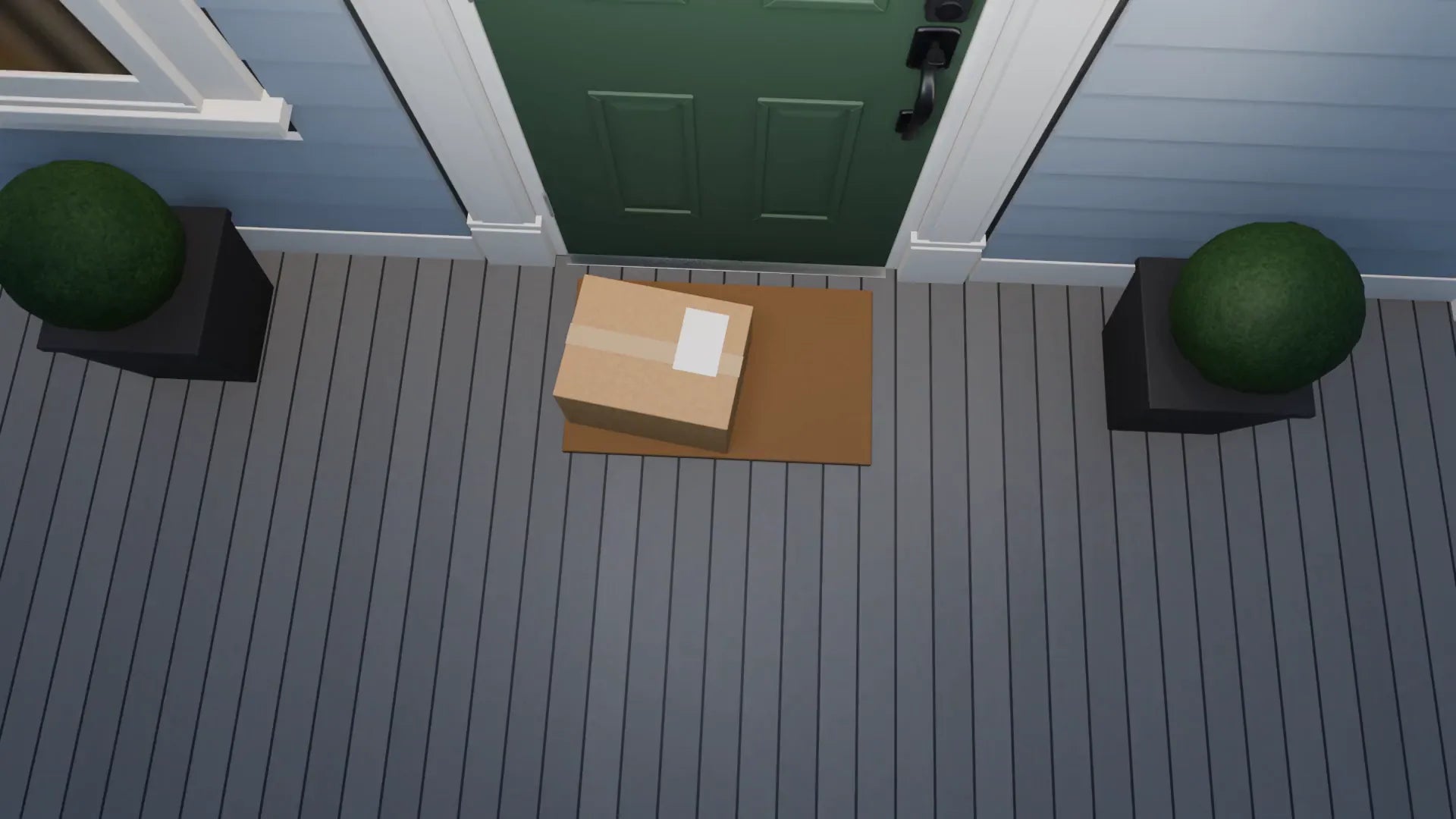 The camera cranes down a porch to a green front door fitted with Venix