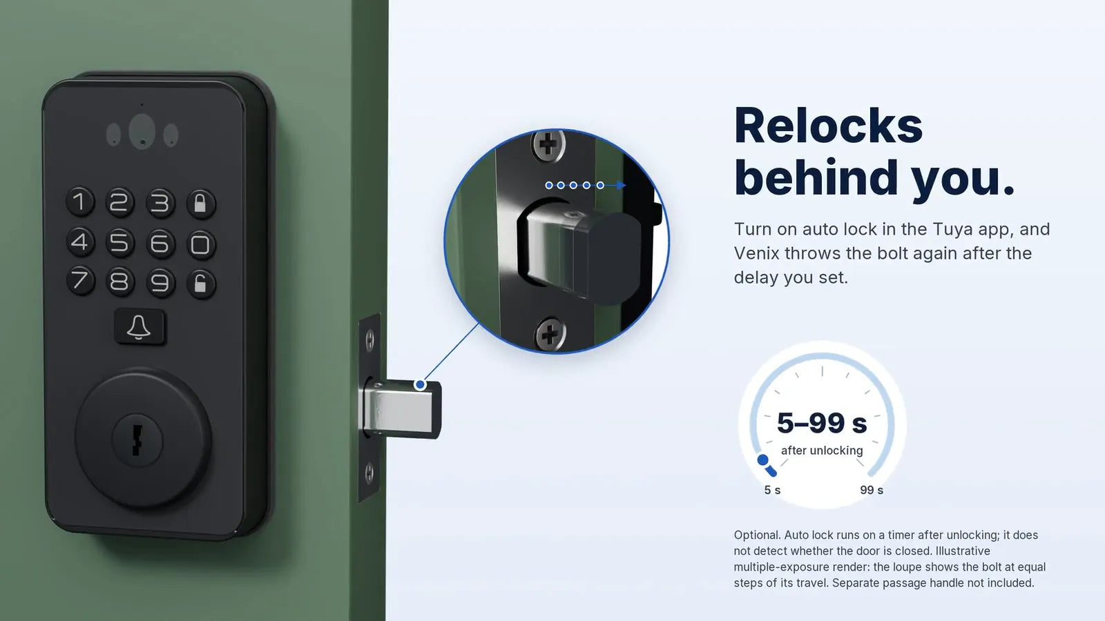 Auto-relock: Venix throws the bolt again after the delay you set, 5 to 99 seconds