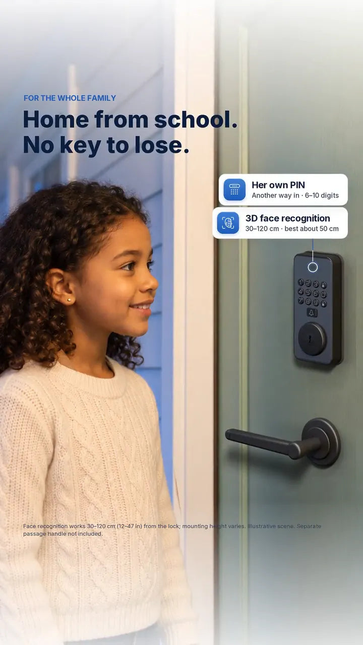 A girl home from school unlocks the door with 3D face recognition