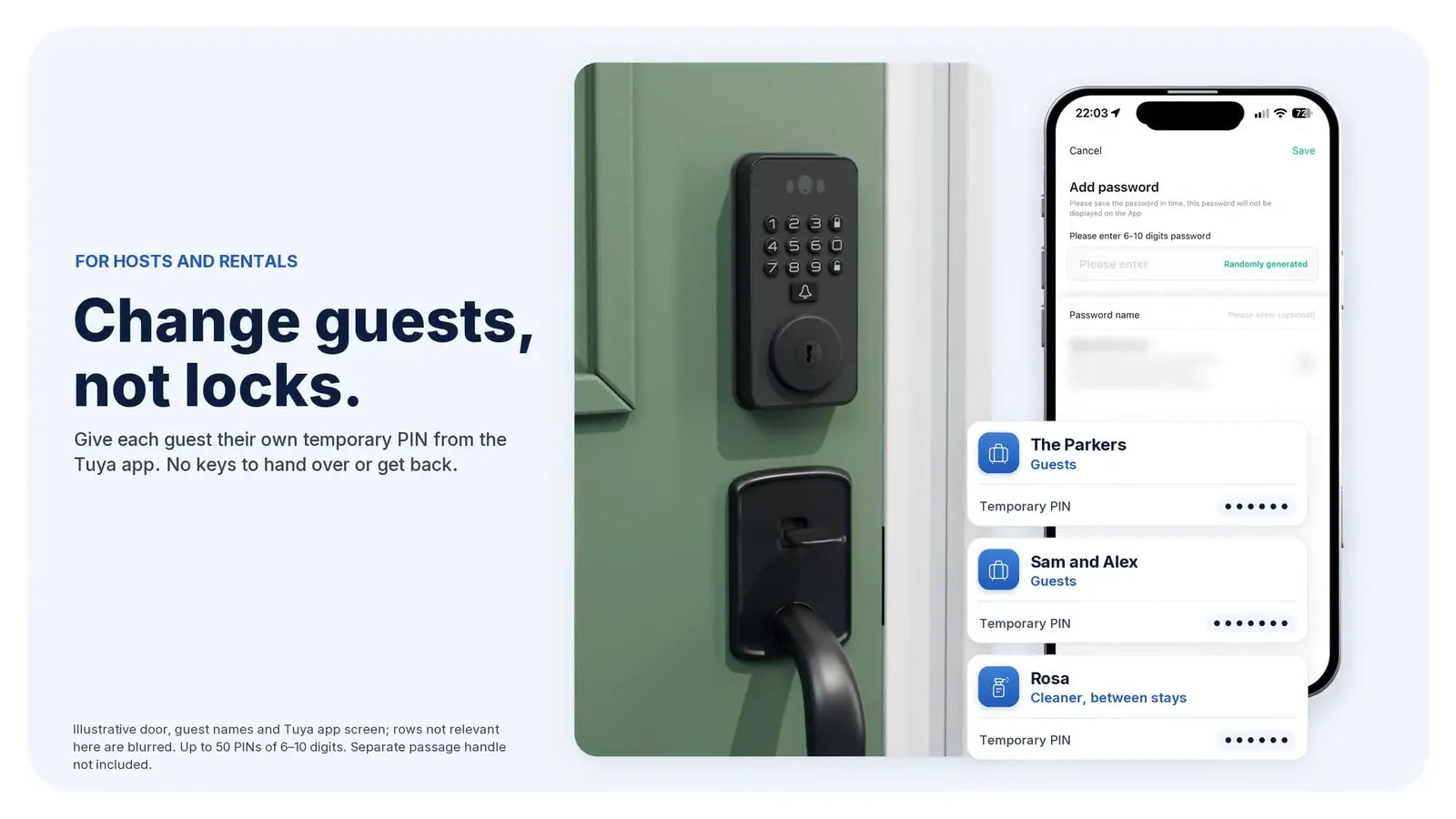 Temporary PINs for guests shown in the Tuya Smart app
